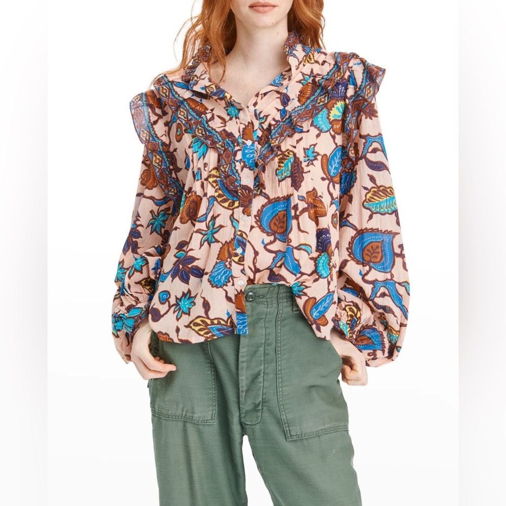 Love the Label Button-Up Botanical Top with Smocked Cuffs